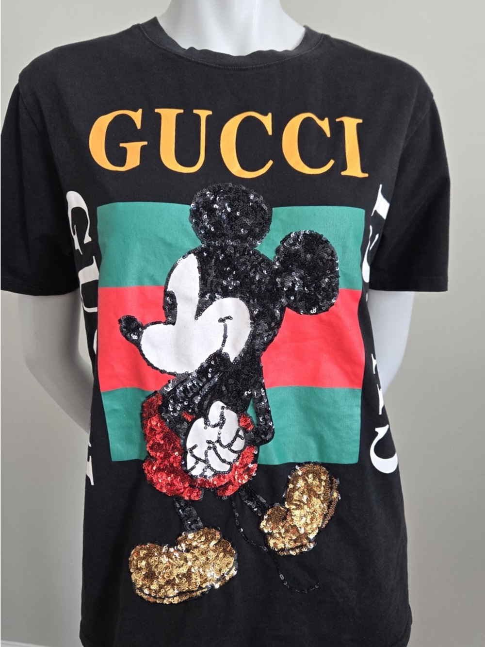 Gucci Black Tee With Green & Red Stripe And Gold Sequin Mickey